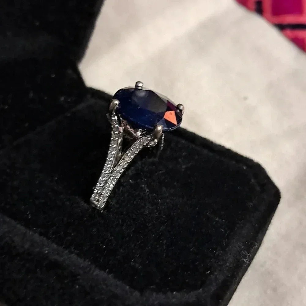 Blue Sapphire and Moissanite Ring in 925 Sterling Silver